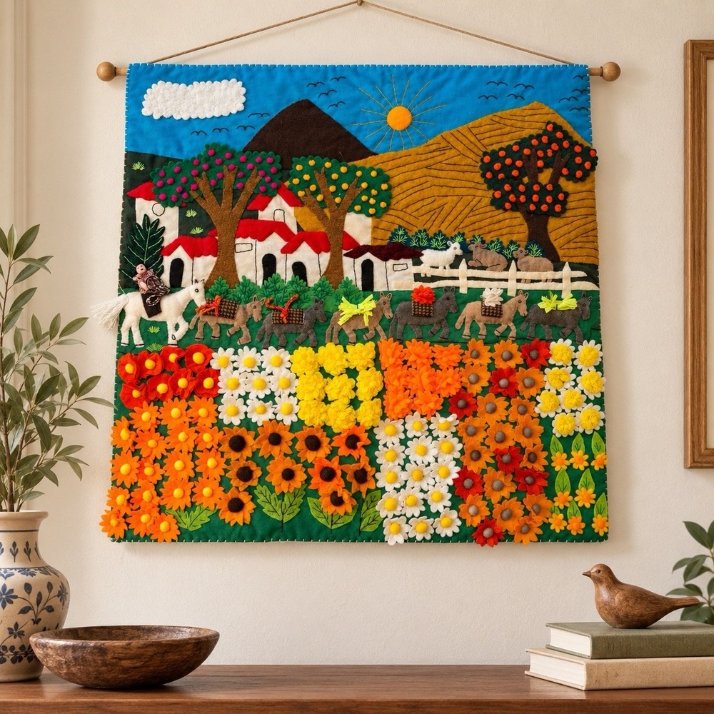 Handmade Patchwork Wall Hanging 3D  Appliqué  Country Farm Donkeys Trees Flowers